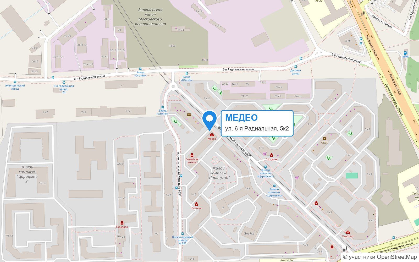 Медицинский центр «Медео» на карте — ул. 6-я Радиальная, д.5, к.2, м. Царицыно